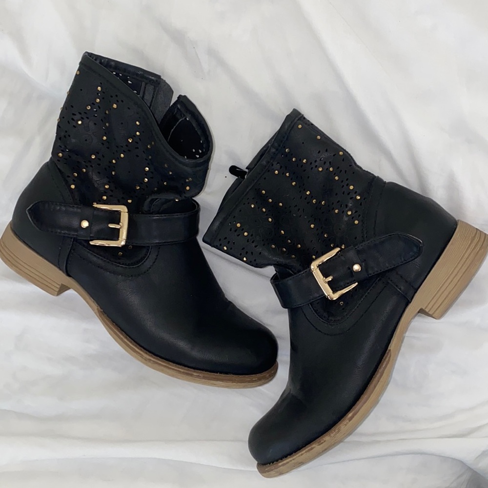 Black Winter Booties with Gold Rhinestones